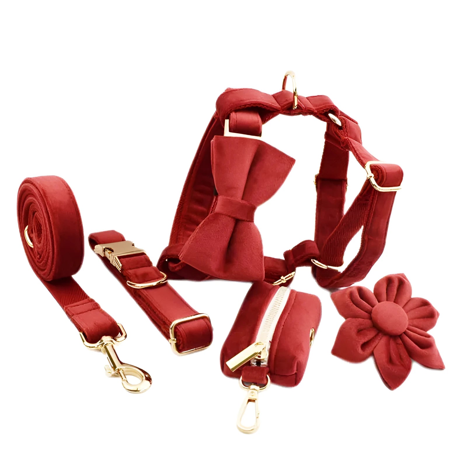 Cloth dog collar and leash set with red bow, matching vest, and flower accessory on a small dog.