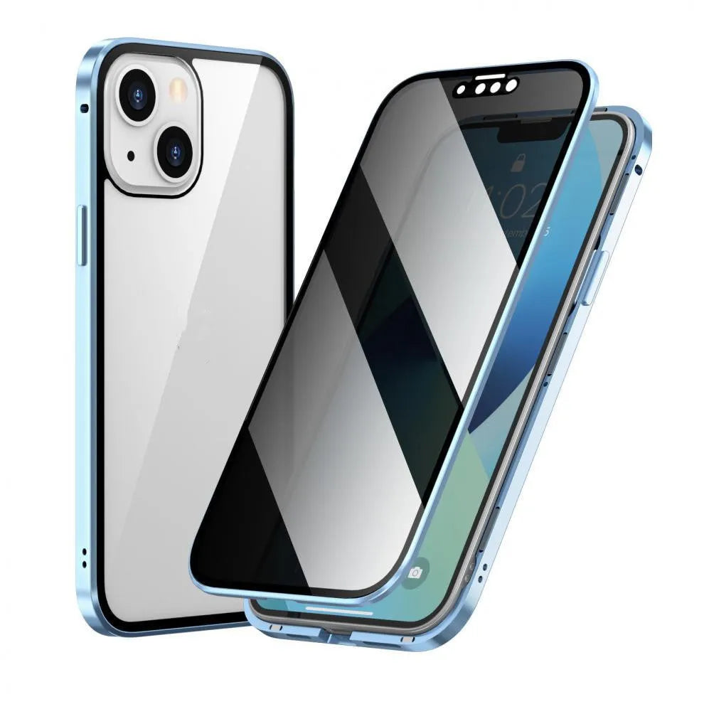 Black Magneto privacy phone case with metal frame for iPhone, showing anti-peep screen protector.