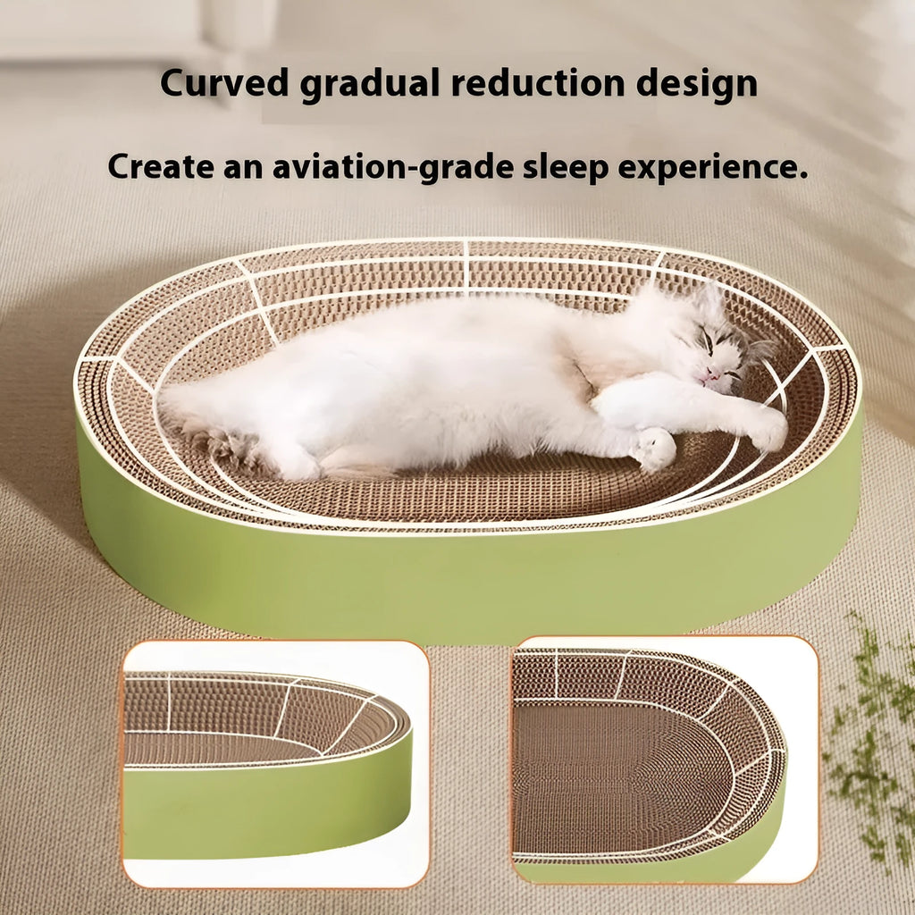 Green oval corrugated paper cat scratch board and nest showing textured surface and 55cm diameter.