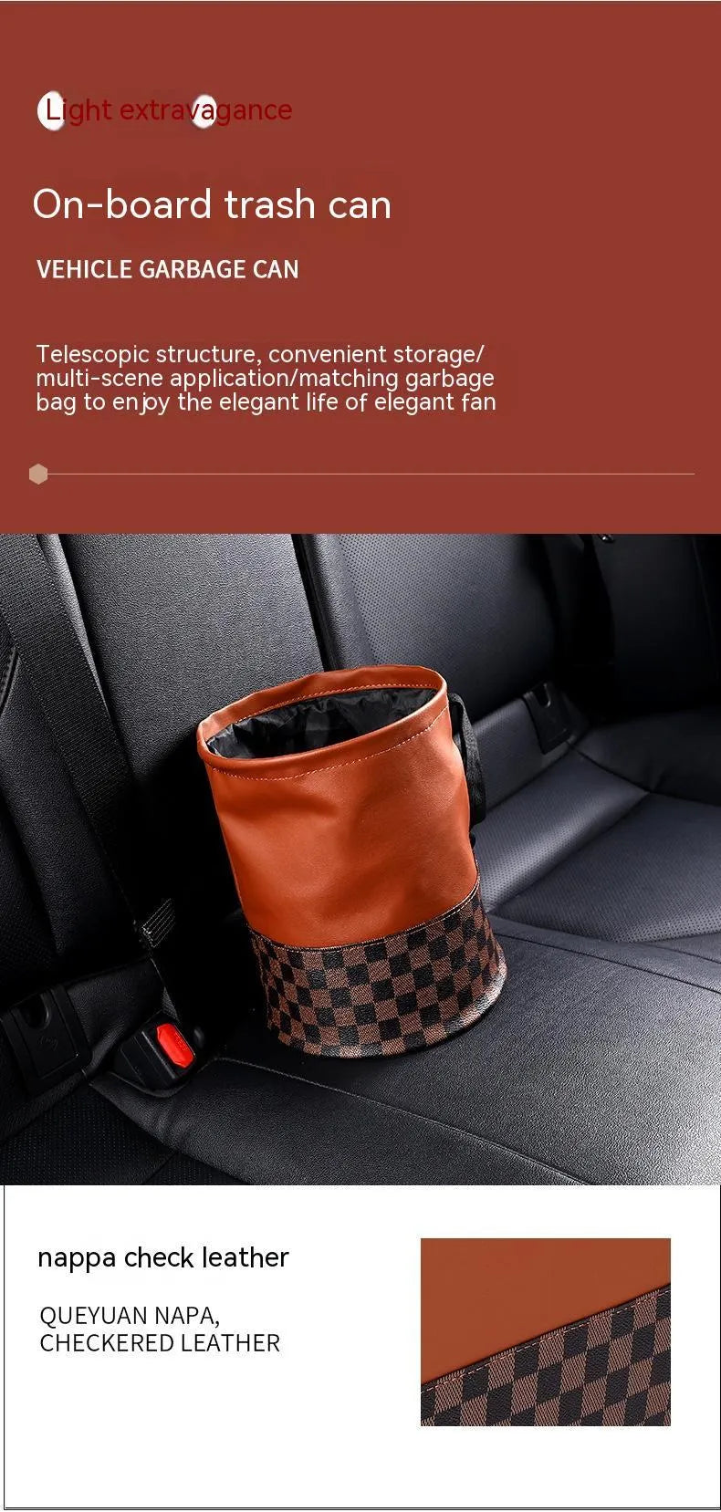 Brown leather folding interior trash can with a retractable handle, shown unfolded.