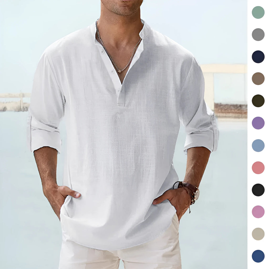 Men's casual cotton linen pullover shirt in khaki with stand collar, loose fit, long sleeves