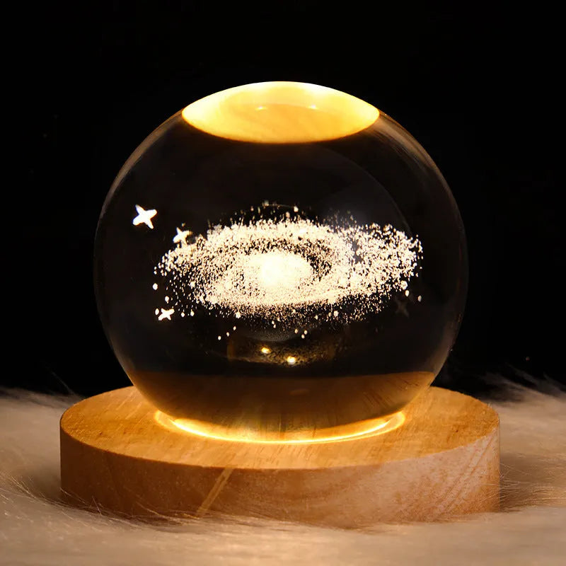 6cm crystal ball LED night light showing a 3D galaxy planet design, powered by a USB cable.