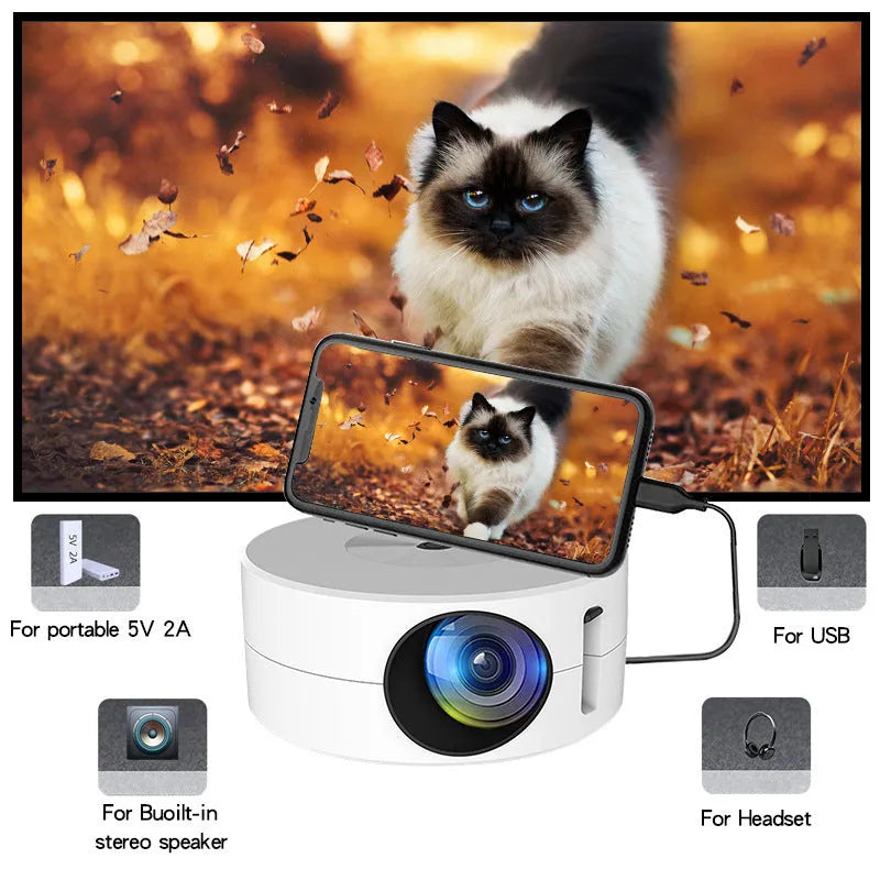 Household portable small wired mobile phone projector in white, 100mm by 47mm