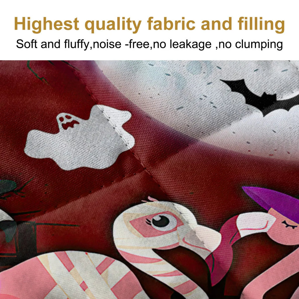 Purple 3D flamingo patterned bedding set with 1 quilt and 2 pillow shams on a bed, microfiber material, multiple sizes available