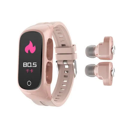 N8 Smart Bracelet and Bluetooth Headset Combo in black, white, red, or pink on a wrist.