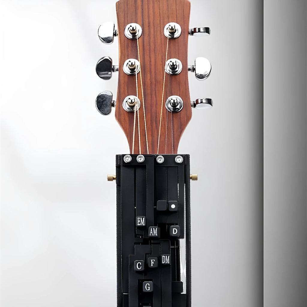 Black auxiliary folk guitar chord practice device with automatic gear mechanism for beginners