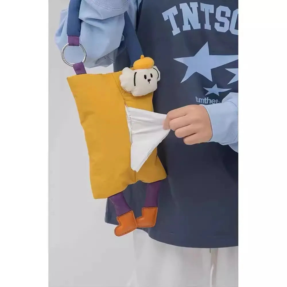 Hanging plush tissue buggy bag for cars and pushchairs measuring 25x19 cm in hat dog colour design