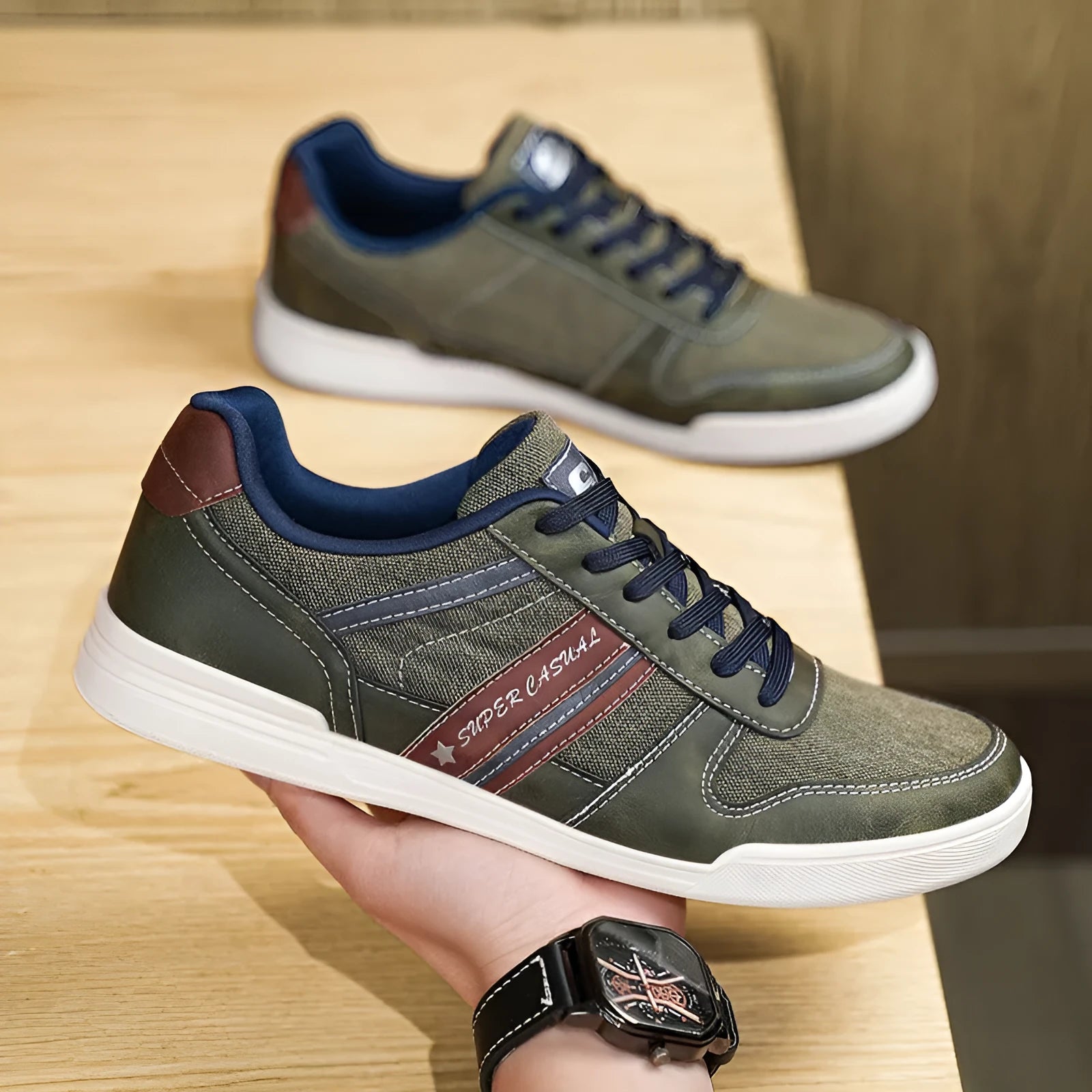 Men's breathable denim low top sports shoes in army green with TPR sole and mesh lining