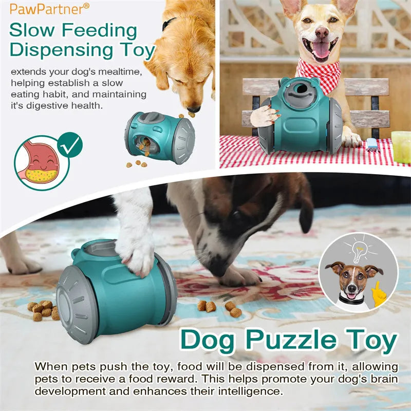 Self-balancing dog and cat tumbler toy in red, green or pink with slider puzzle and slow feeder use