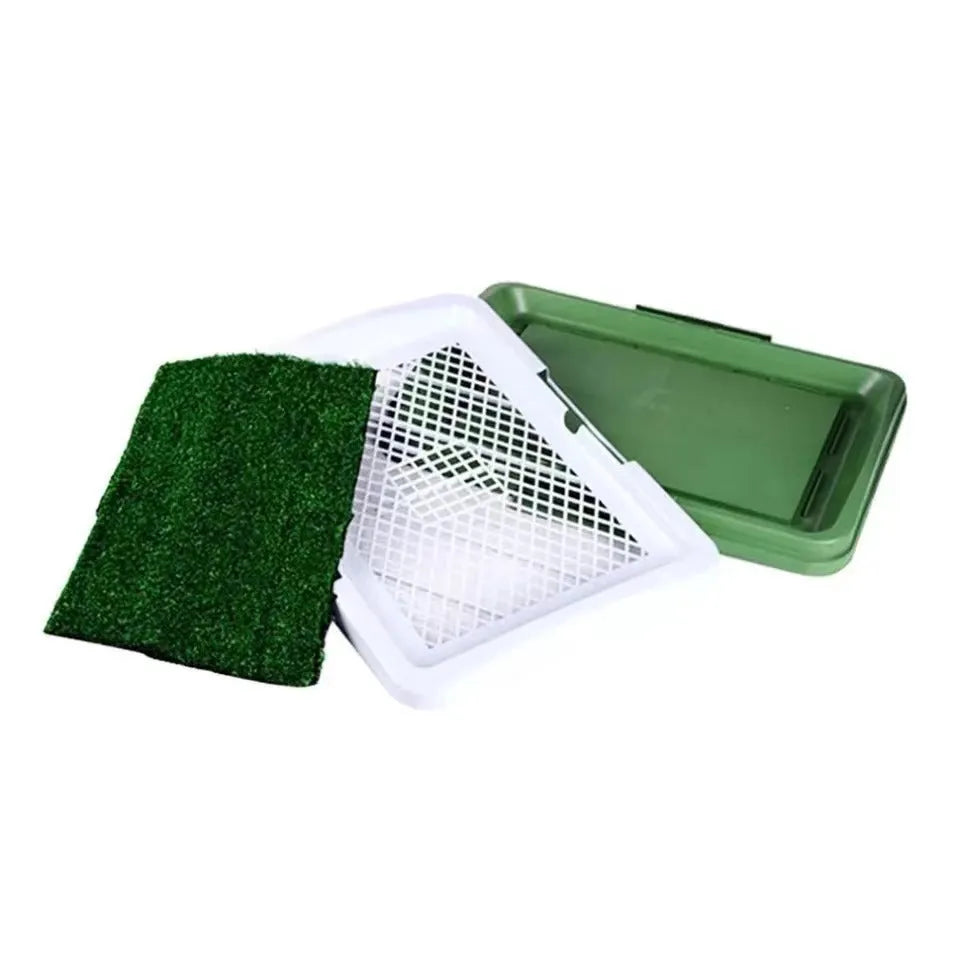 Green artificial turf dog toilet tray measuring 60cm by 40cm for indoor puppy potty training.