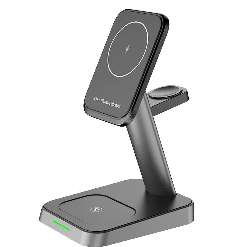 Black cube-shaped 3-in-1 wireless charging station with phone pad, watch dock and 10000mAh power bank.
