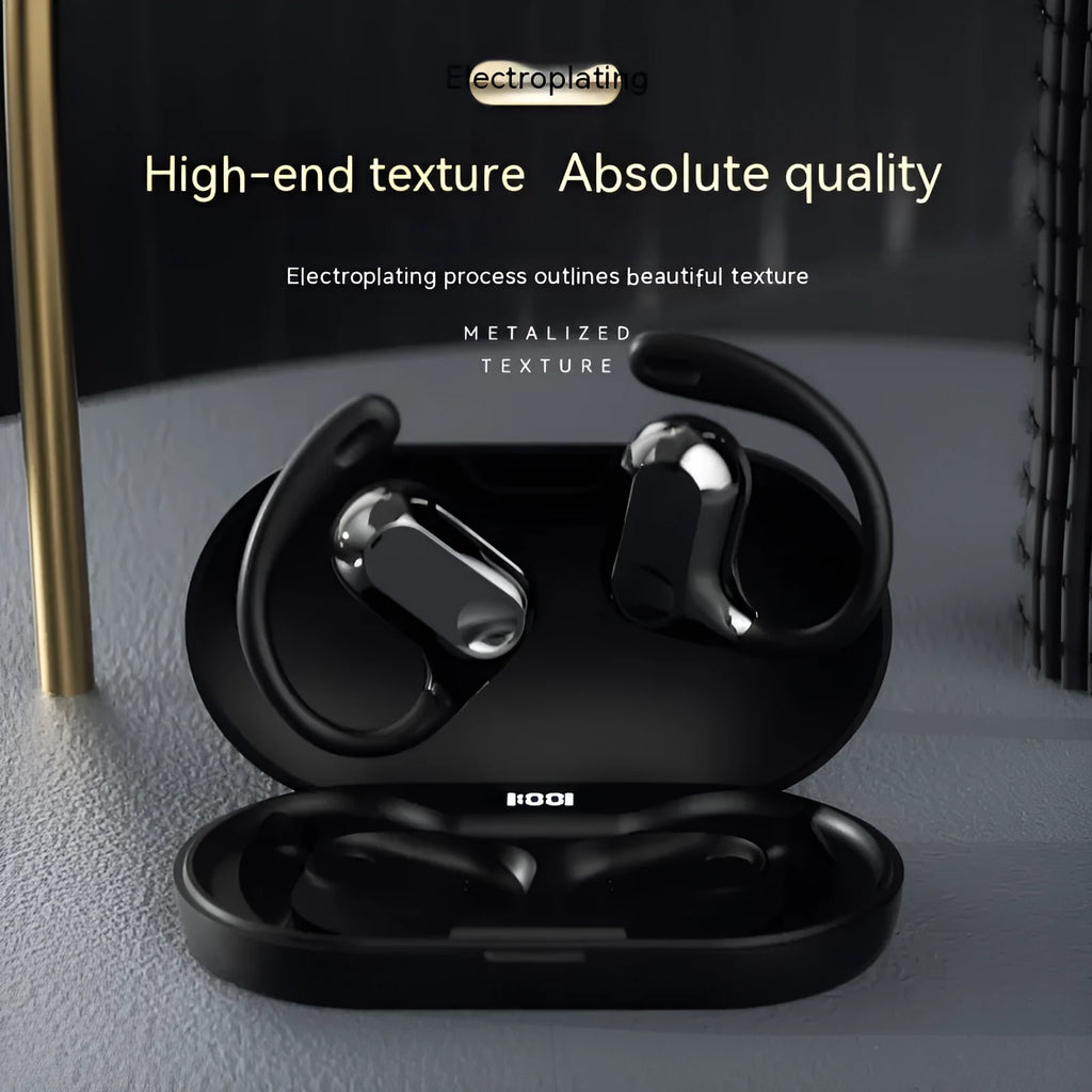 Ear-mounted bone conduction Bluetooth headset in ear-hanging clip design, black colour, with digital display, on a plain background