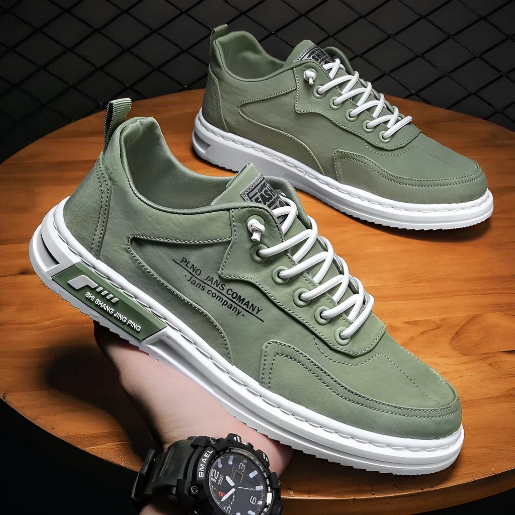Men's lace-up platform canvas sneakers in green, black or grey with letter print, breathable mesh lining and rubber sole, sizes 39-44