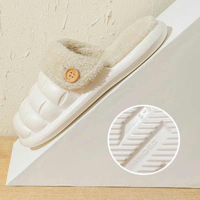 Plaid-patterned detachable women's house slippers with a plush lining and a light-coloured EVA sole.
