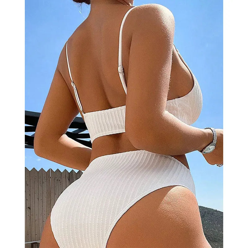Women's two piece bikini swimsuit in polyester with bra top and panties, available in white, black, green, or rose red