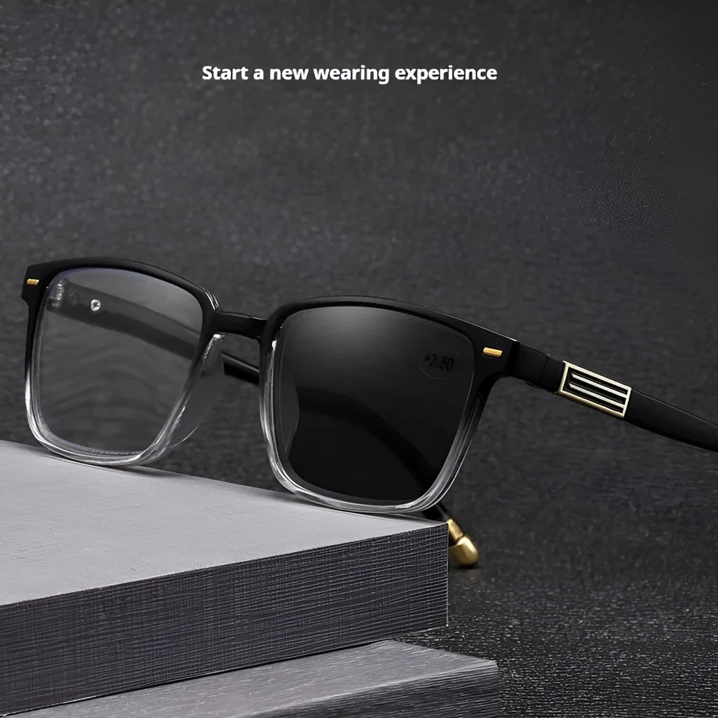 Multifocal reading glasses with anti-blue light and colour changing lenses in black frame with silver accents
