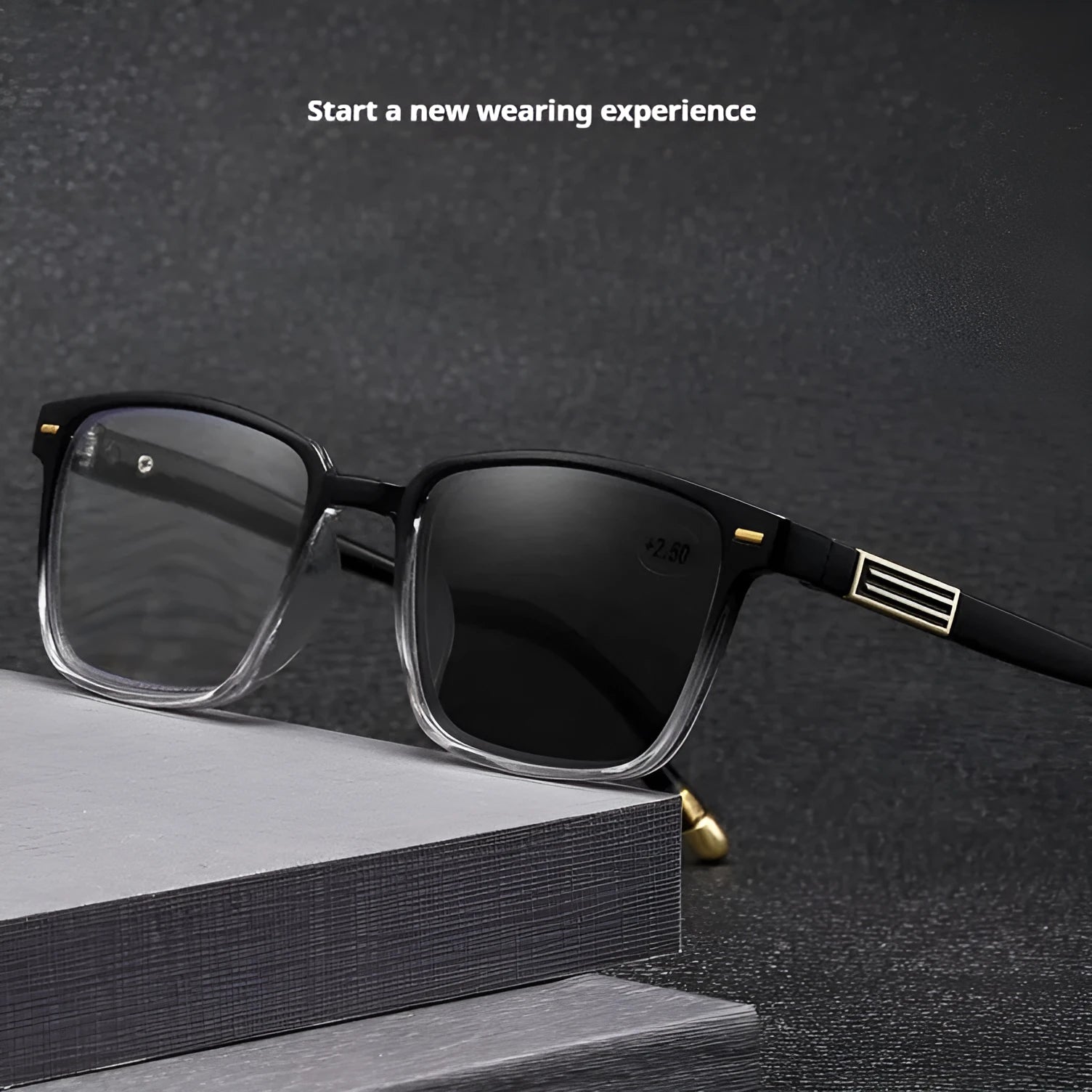 Multifocal reading glasses with anti-blue light and colour changing lenses in black frame with silver accents