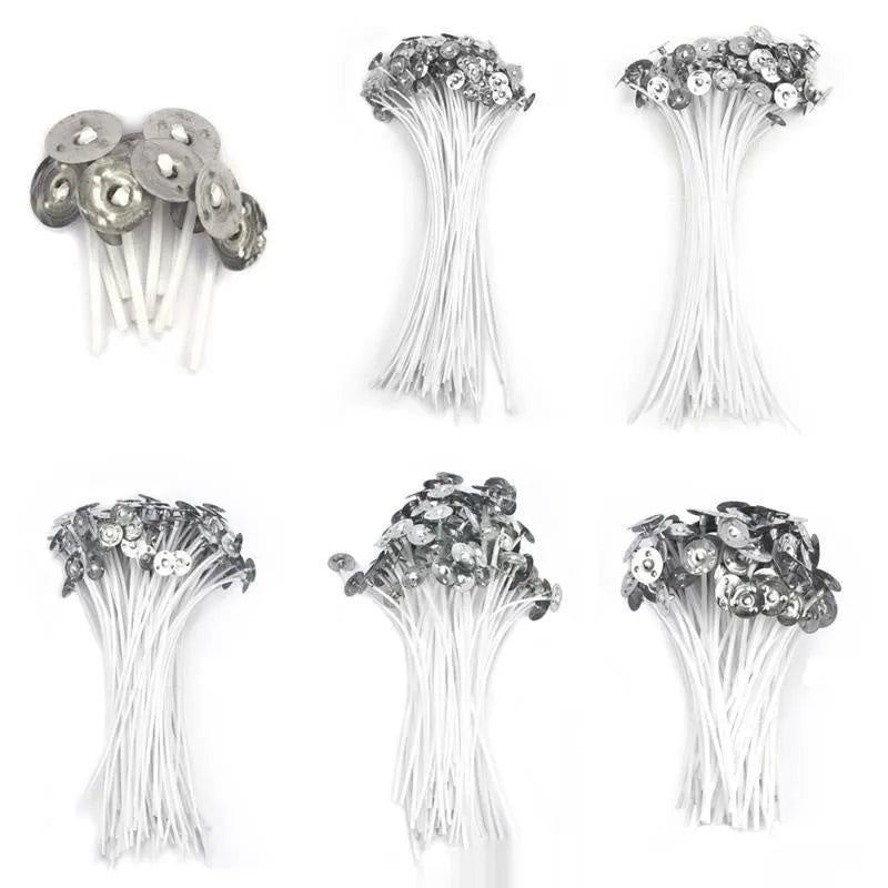 White cotton candle wicks for DIY candle making in three lengths: 2.6cm, 6cm, and 8cm