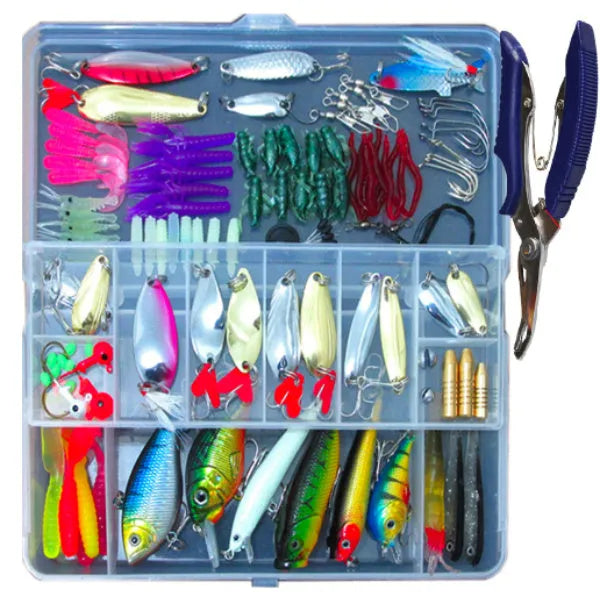 Rose red case containing 132-piece fishing lure set with soft plastic baits and steel hooks