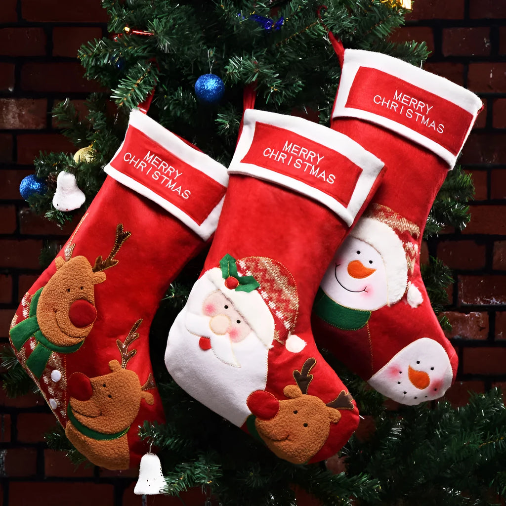 Non-woven fabric Christmas candy bag hanging as a stocking, available in Elk, Old Man, or Snowman print designs.