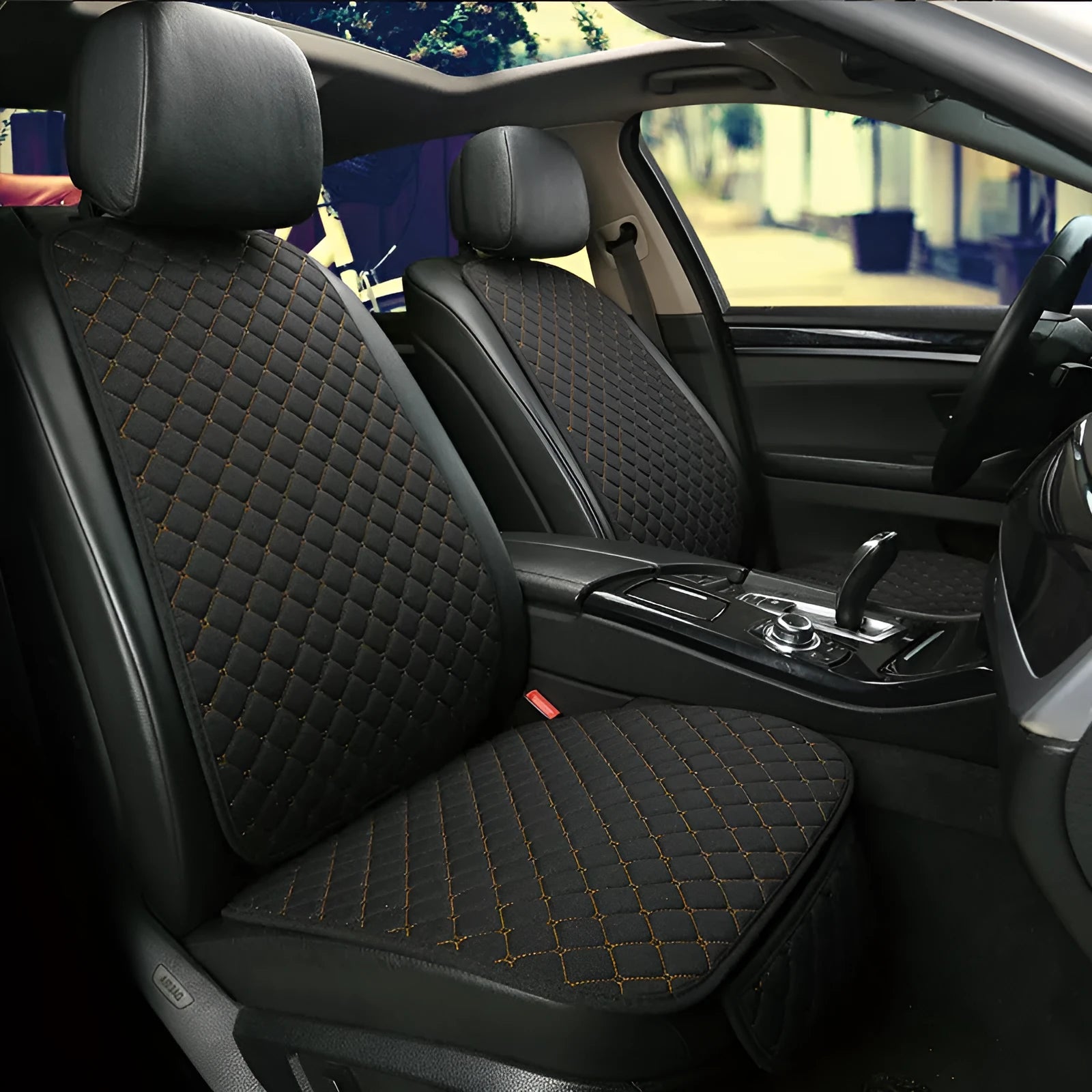 A linen universal car seat cushion shown in a classic black colour variant.