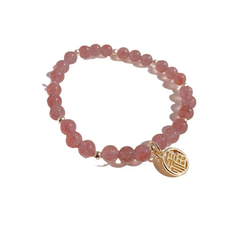 Strawberry quartz blessing card bracelet for women with glass beads and manual crafting