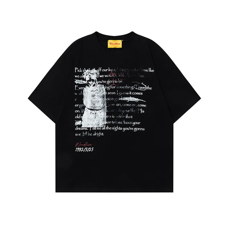 Men's black and white pure cotton loose T-shirt with letter print and raglan sleeves