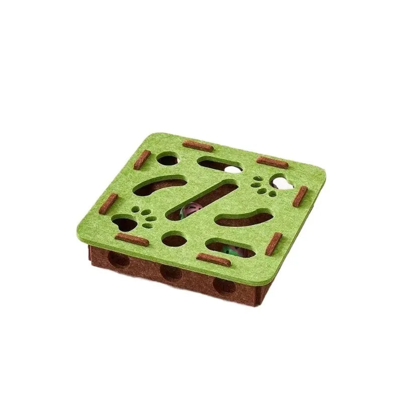 Green brown felt box cat toy with holes for paw play, measuring 30x30x7.5 cm.