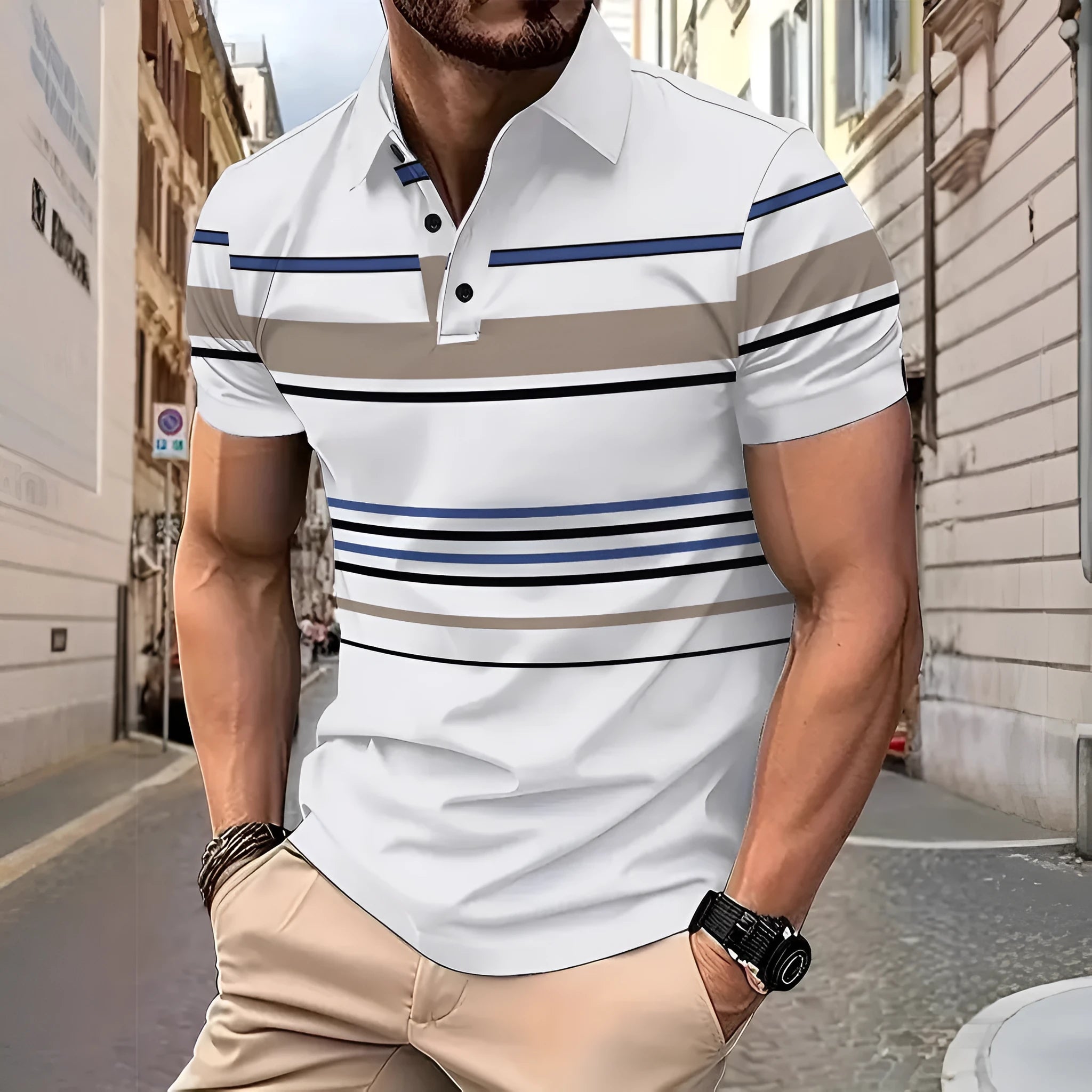Men's white striped short sleeve polyester t-shirt for summer business casual wear