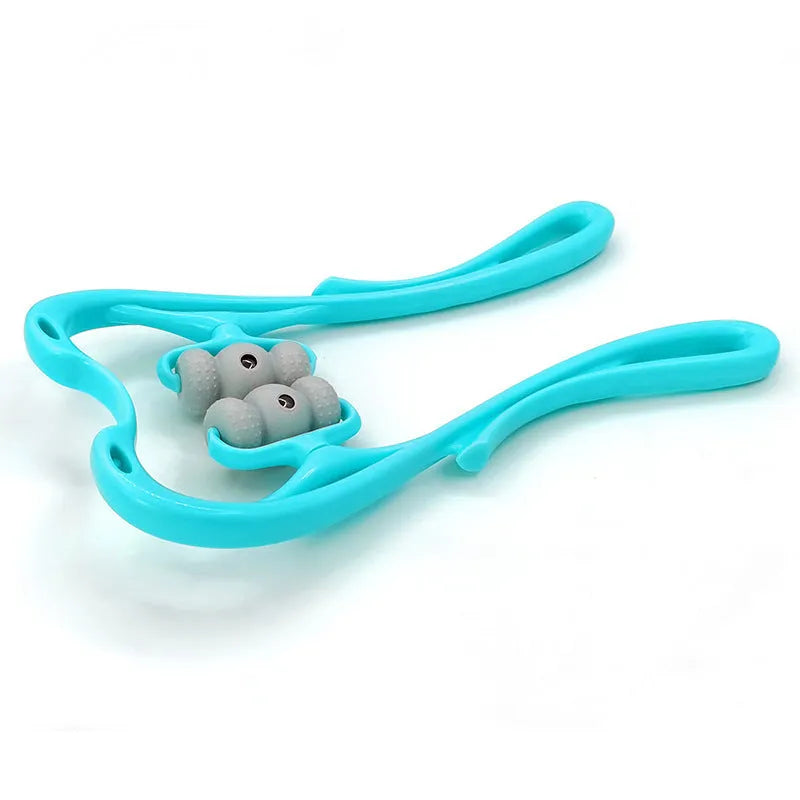 Blue handheld neck massager with pressure points showing 360-degree rotation capability