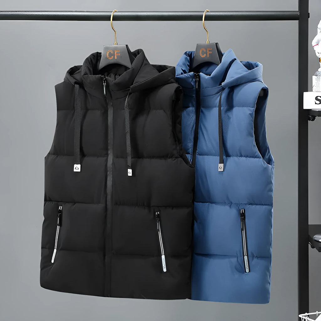 Men's black polyester vest with removable cap showing straight hem design and slant pockets