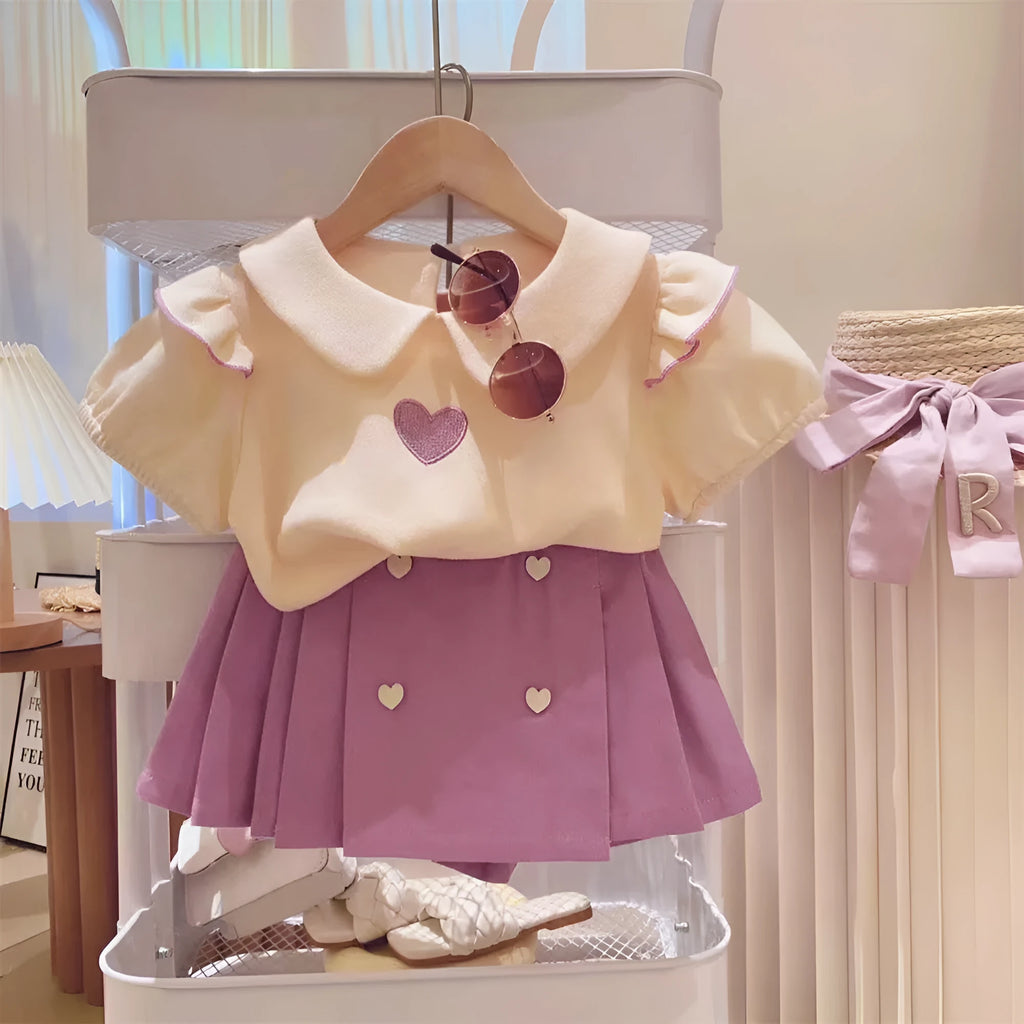 Summer girls' two-piece suit with short sleeve top and shorts in picture colour, for heights 90-140cm