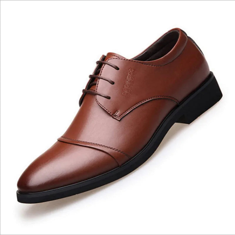 Men's black leather lace-up business shoes with rubber sole and stitching details