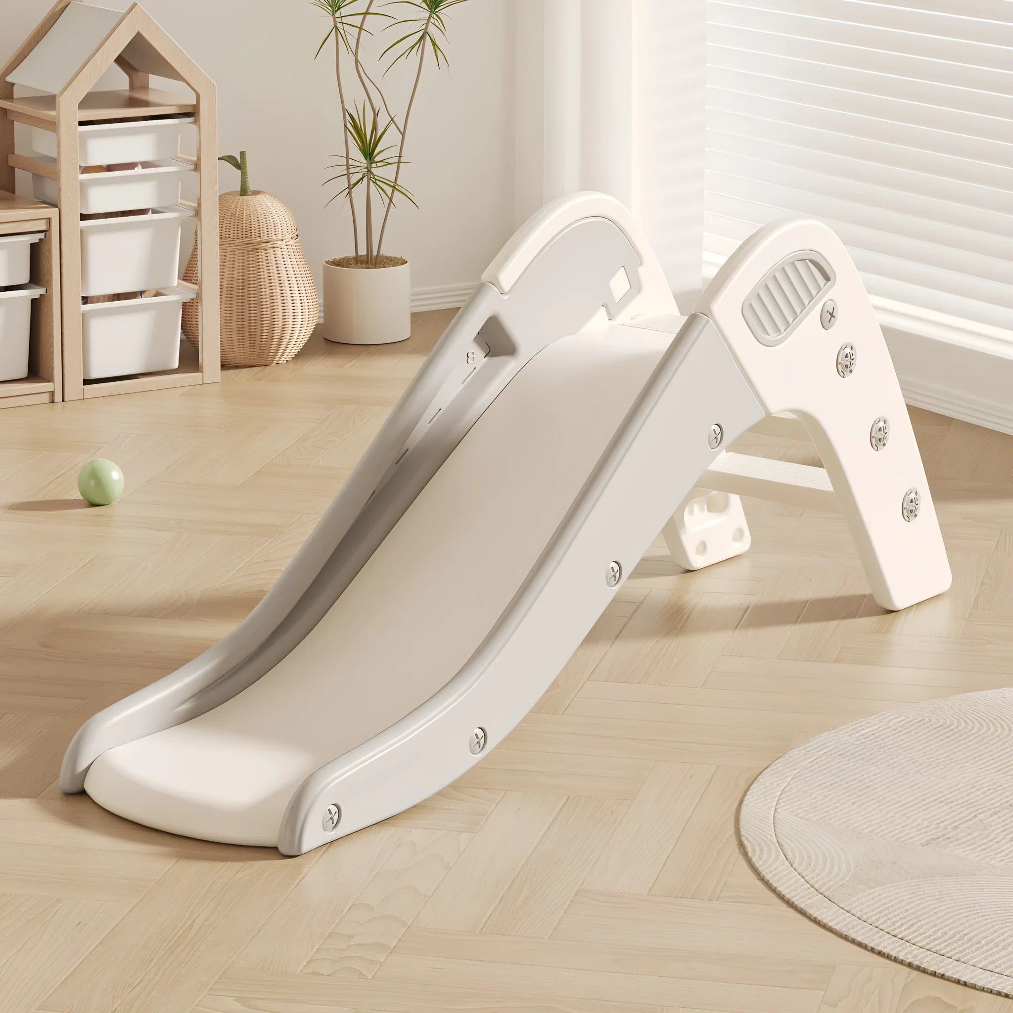 Small plastic baby slide for toddlers under three years old in blue, yellow, brown, or grey colour.