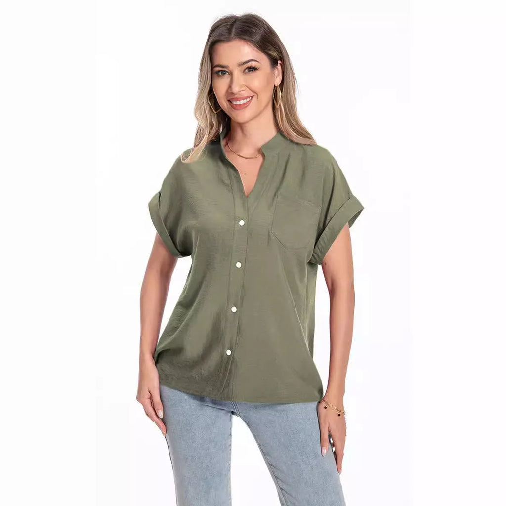 Women's stand collar button-front summer top in polyester with raglan sleeves