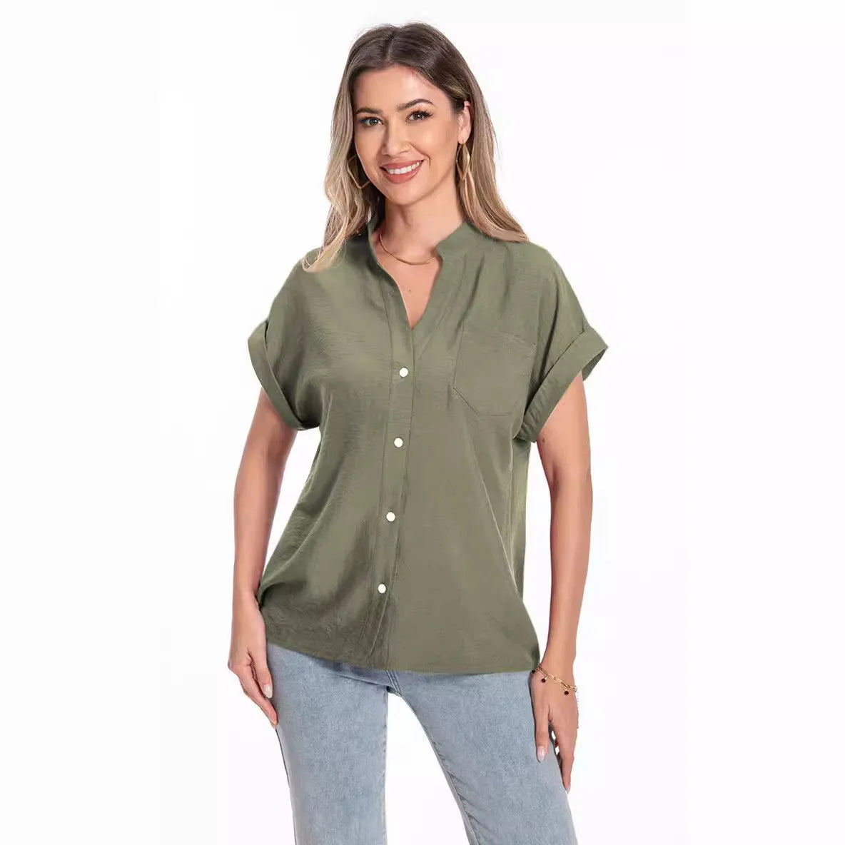 Women's stand collar button-front summer top in polyester with raglan sleeves