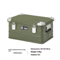Field green aluminium alloy camping storage box with dimensions 58cm by 38cm by 28cm