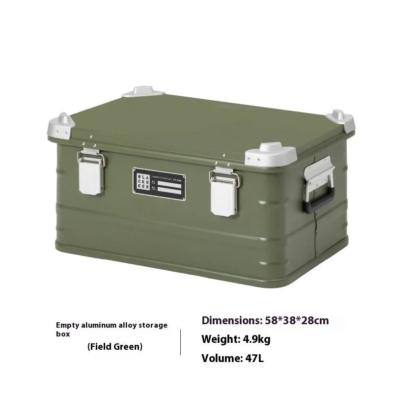 Field green aluminium alloy camping storage box with dimensions 58cm by 38cm by 28cm