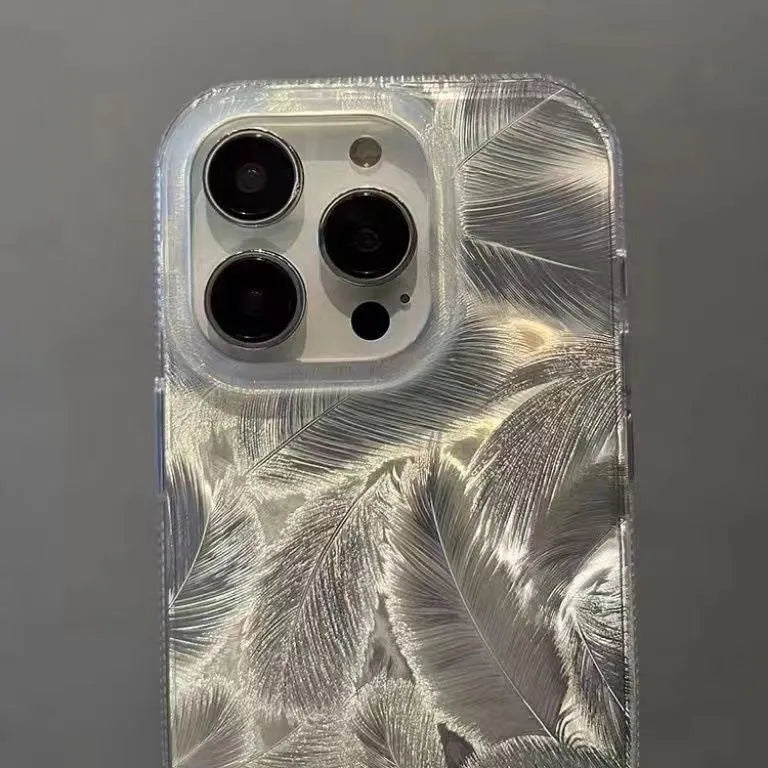 Feather pattern gradient TPU phone case in silver grey with small feather design for iPhone