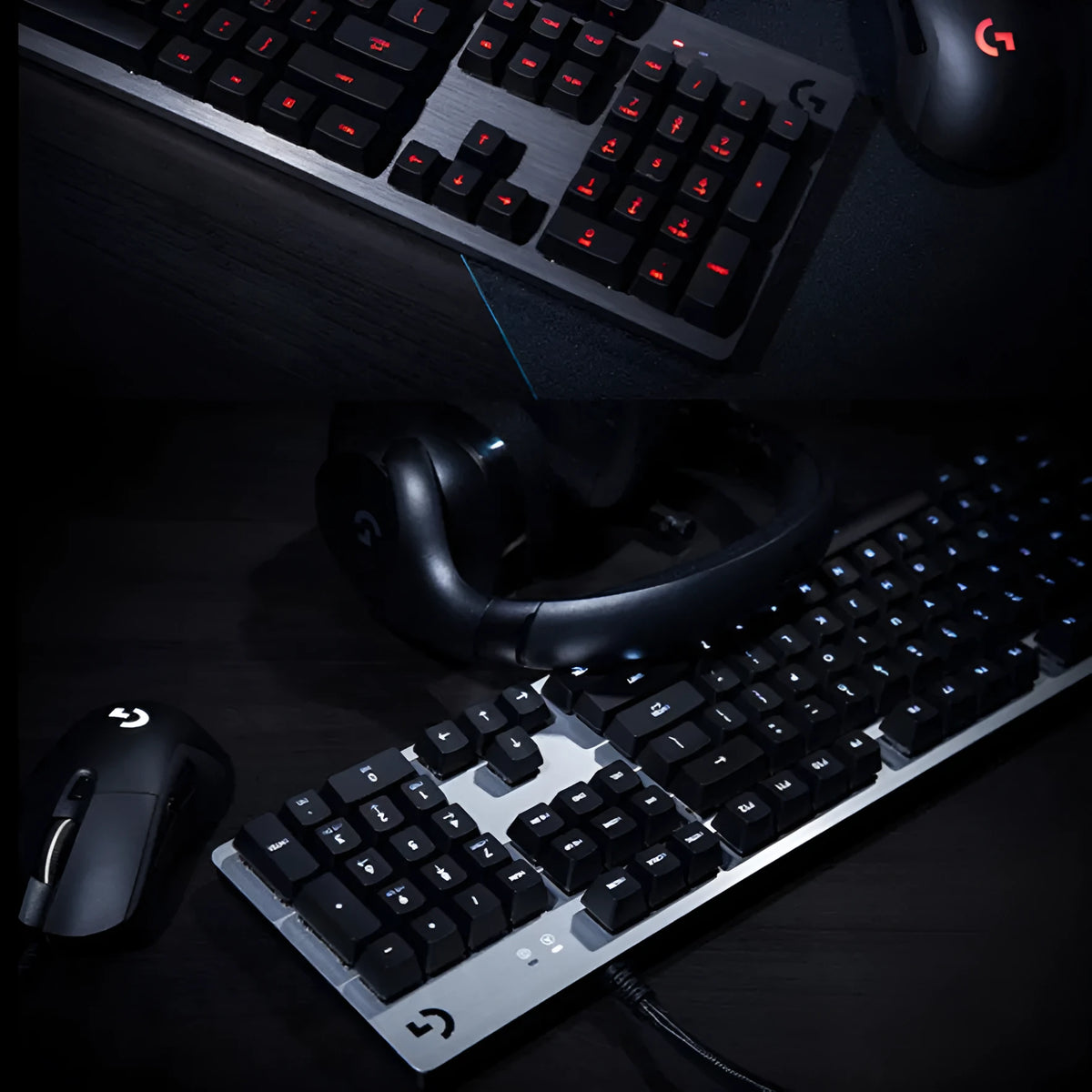 G413 104-key mechanical gaming keyboard with metal panel and USB wired connection, shown in silver white light or black red light