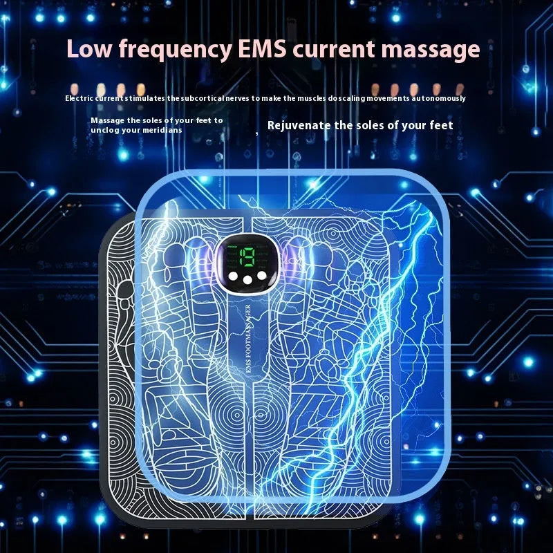 Blue rechargeable reflexology foot massager mat with remote control on a wooden floor.