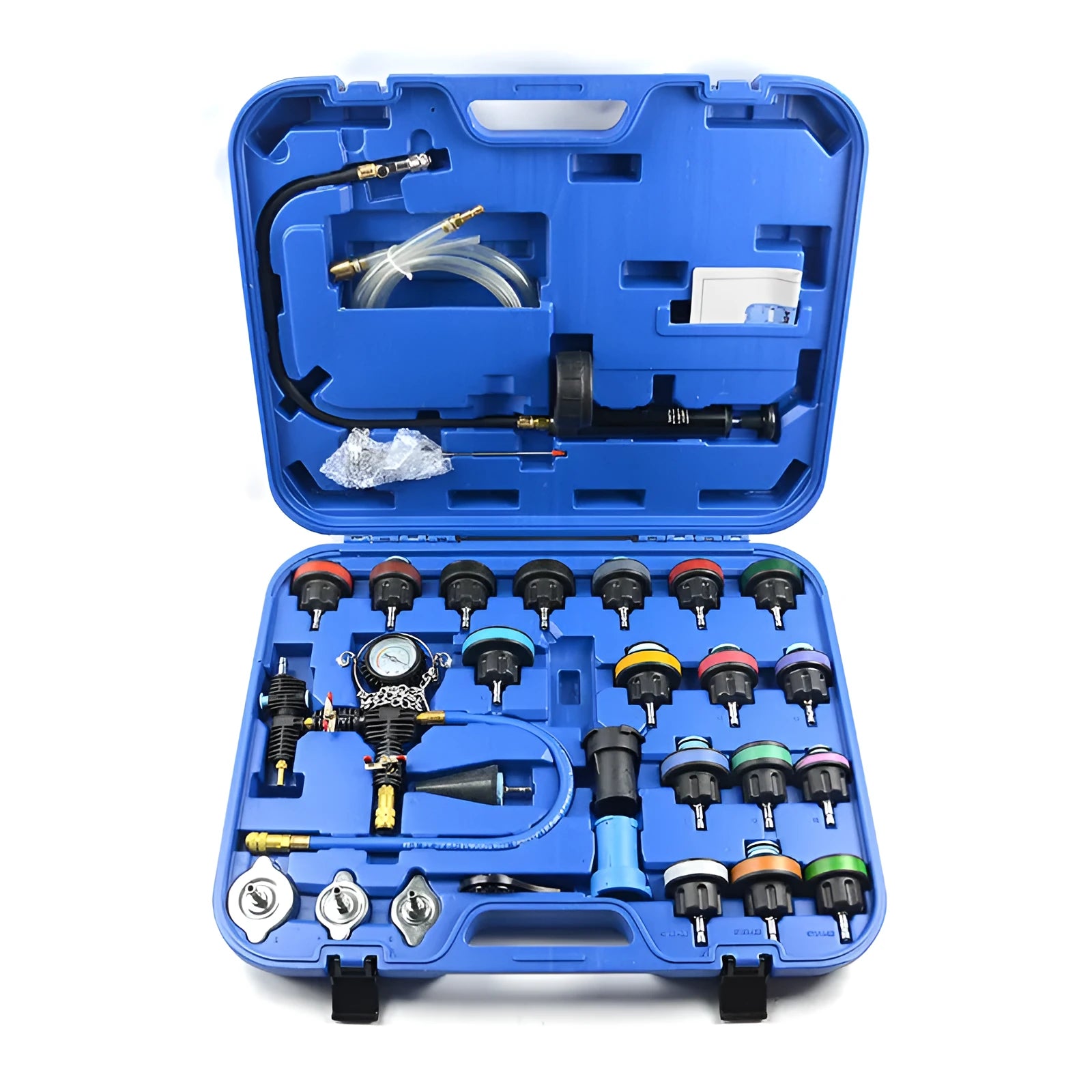 28-piece automotive radiator pressure tester kit with vacuum purge and refill equipment