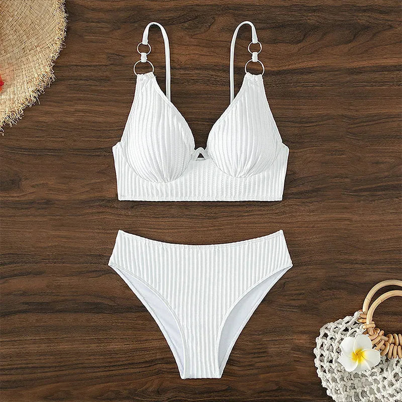 Women's two piece bikini swimsuit in polyester with bra top and panties, available in white, black, green, or rose red