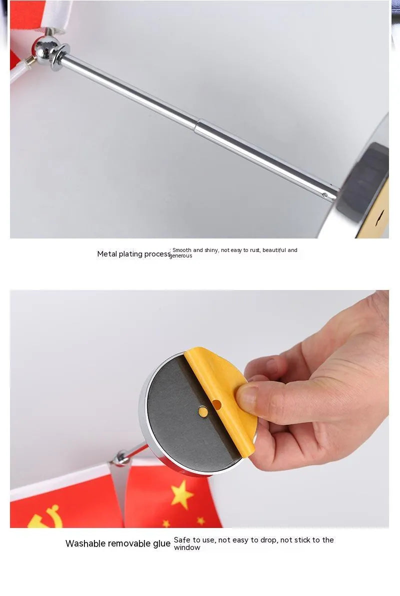 Metal telescopic rod car dashboard decoration with red polyester flag and multiple stand base options