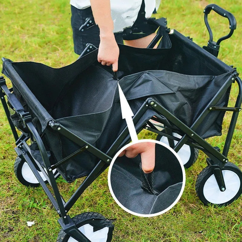 Portable folding camping trolley in khaki with metal frame and table plate