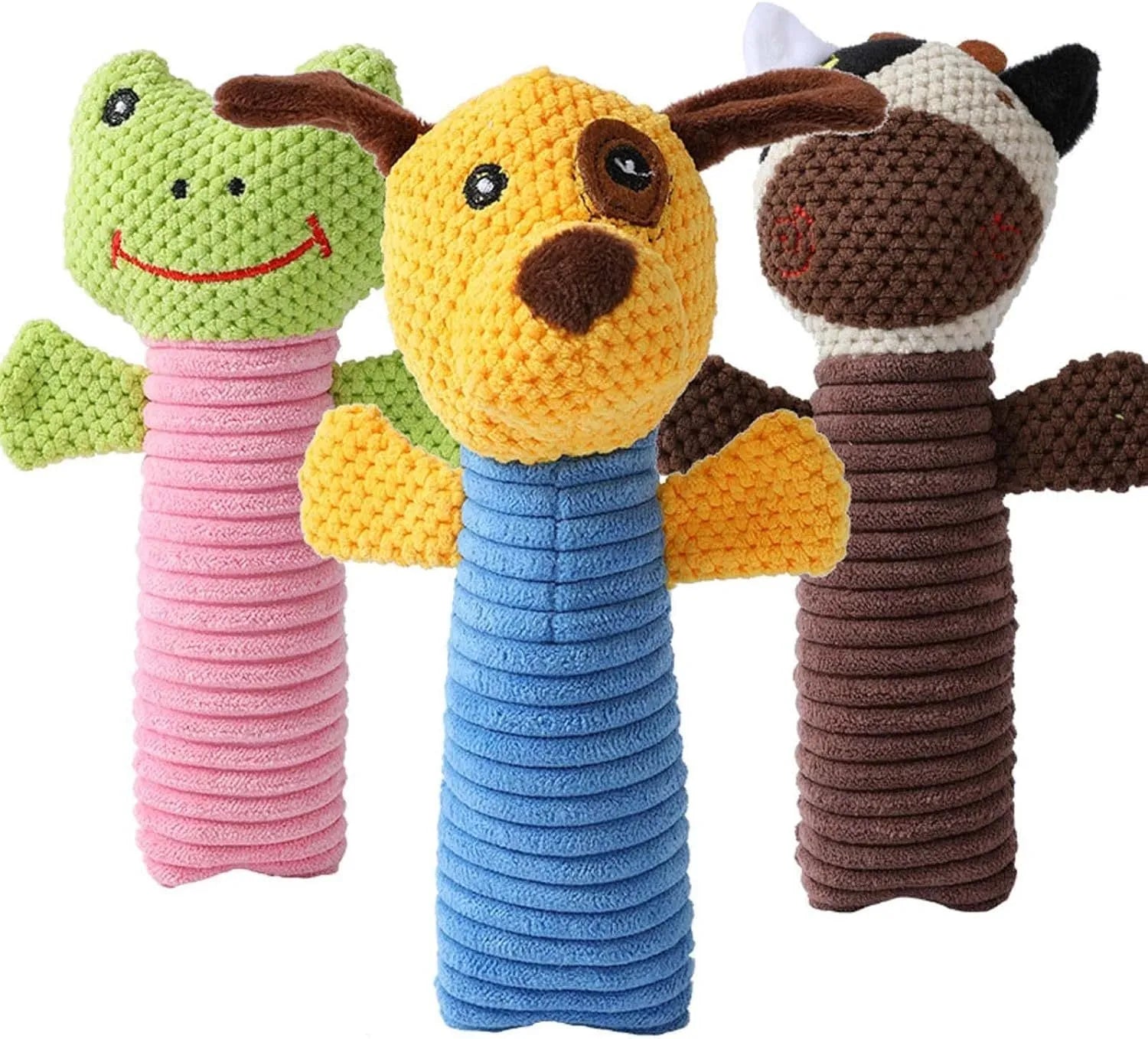 Soft cloth dog squeaky chew toy measuring 19cm by 5cm in stuffed animal shape