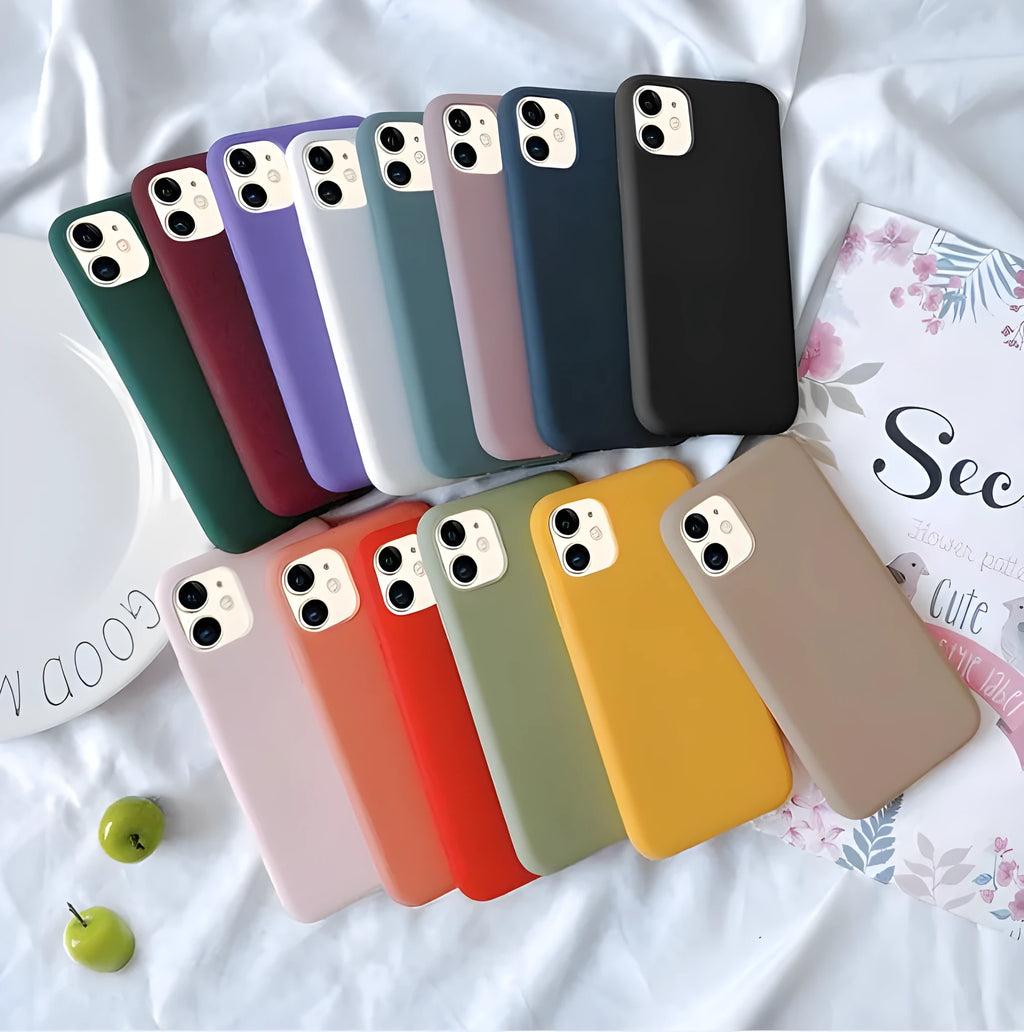 Frosted matte soft shell phone case for Apple iPhone, shown in one of nine colour options.