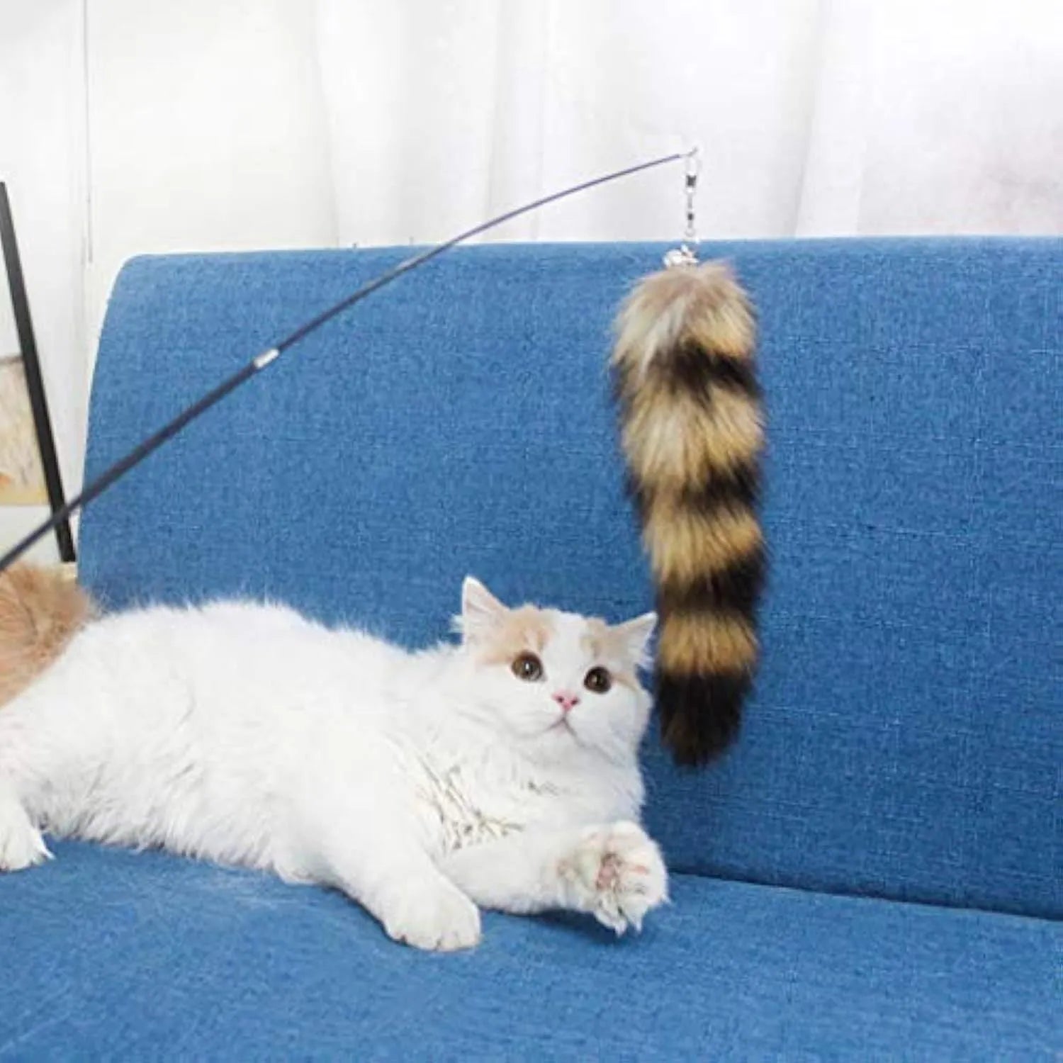 Black cat toy wand with long elastic string for interactive play sessions