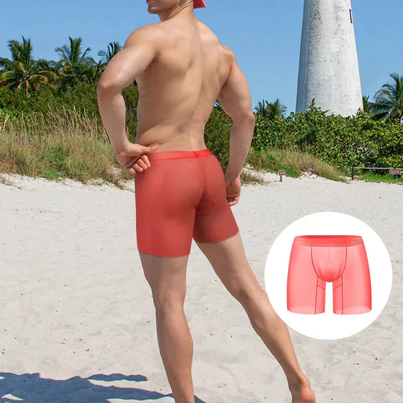 Men's breathable ice silk boxers in solid orange, pink, and red colours with low-waist design