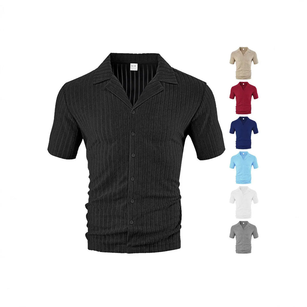 Men's loose casual short sleeve polyester cardigan in khaki lapel design on white background